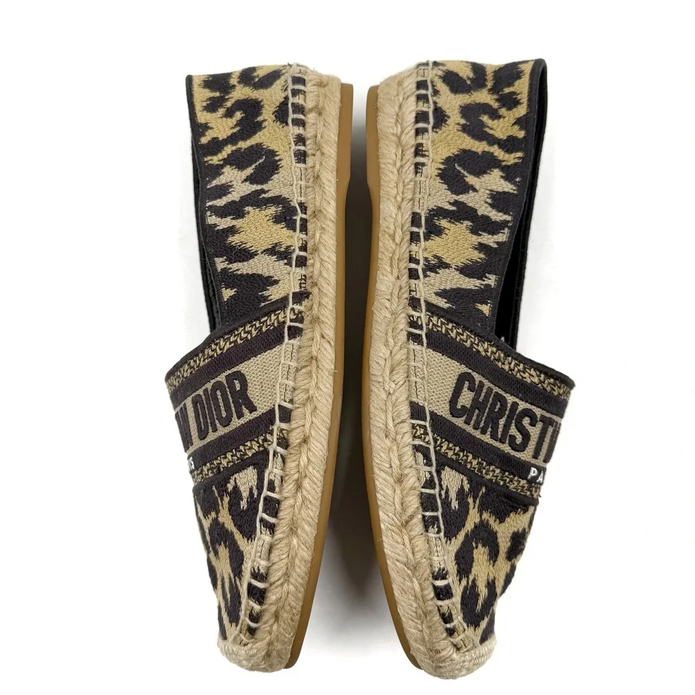 Christian Dior Granville Leopard Espadrilles Beige Black Logo Flat 37 / 7